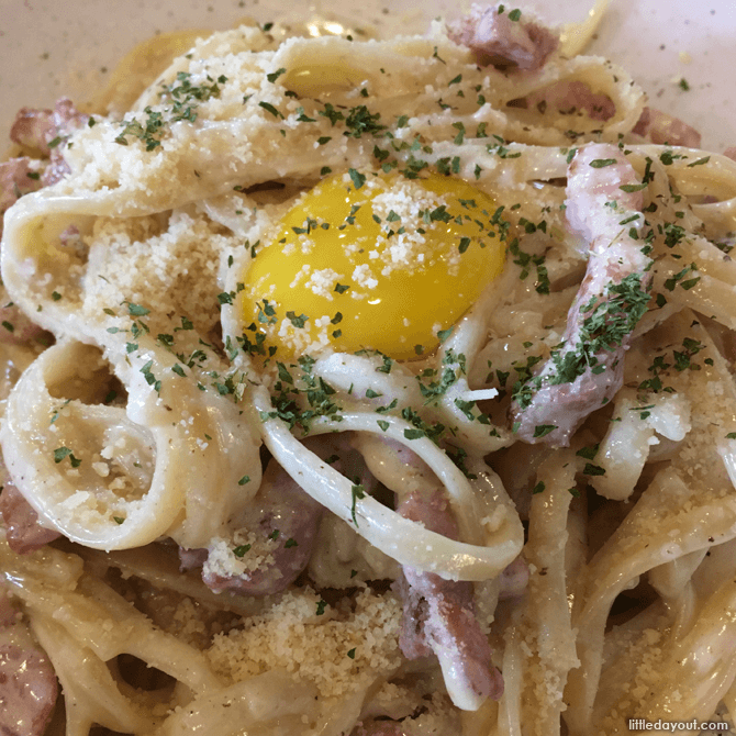The Bacon Carbonara Pasta came with a fresh egg yolk that you had to stir into the pasta.