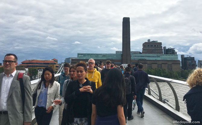 Crossing the Millennium Bridge to the South Bank on a London Family Holiday