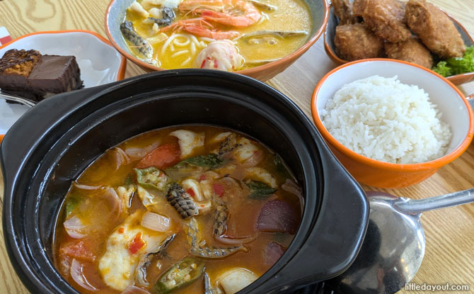 Claypot Assam Fish ($15.80), Signature Golden Rice Noodle Soup with Seafood ($11.80), Prawn Paste Chicken ($6.80)
