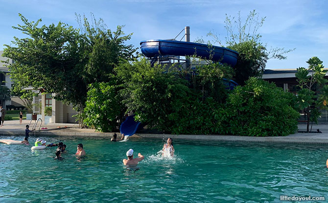 Outdoor pool also has a waterslide