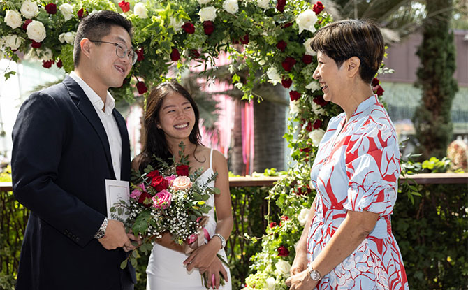 The first couple to solemnise their marriage at the Rose Romance floral display in Flower Dome were Lucas Tiong and Charlotte Ho
