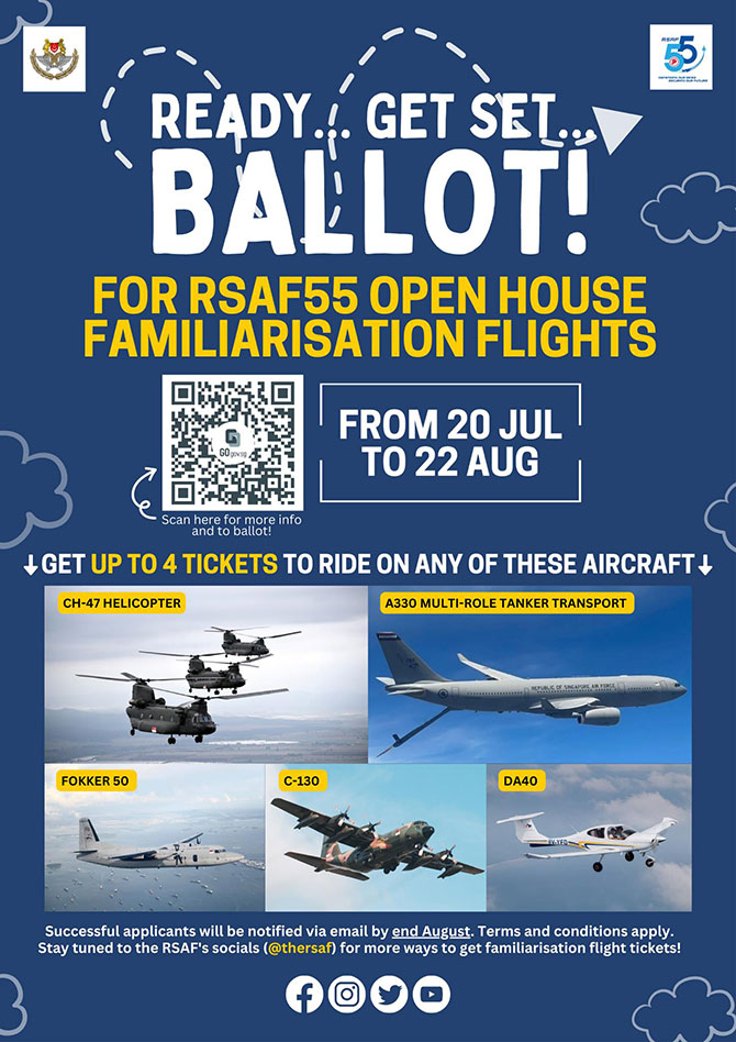 RSAF55 Familiarisation Flights 2023: Balloting For RSAF Open House's Flights & More 1 RSAF55 Familiarisation Flights: Participating RSAF Aircraft