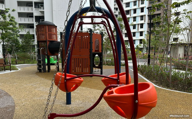 Tampines GreenEmerald Playground: Play Towers & Netted Bridges 5 swings for younger kids