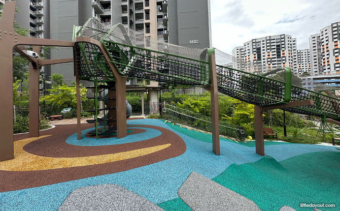 Tampines GreenEmerald Playground: Play Towers & Netted Bridges 9 Netted Play with a Zipline