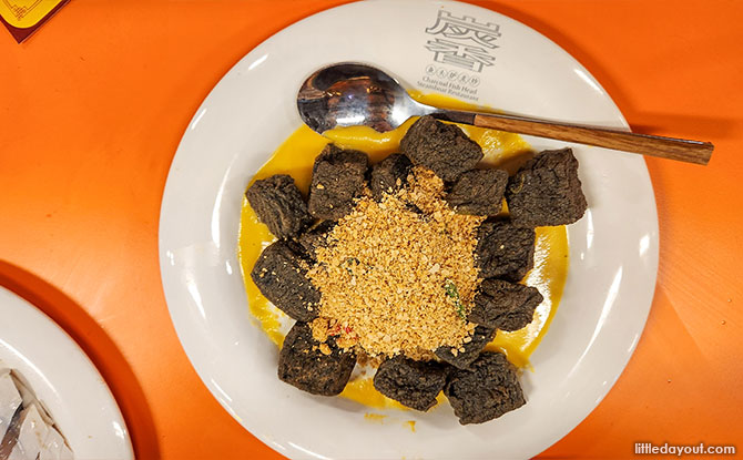 Oatmeal Charcoal Tofu with Pumpkin Sauce