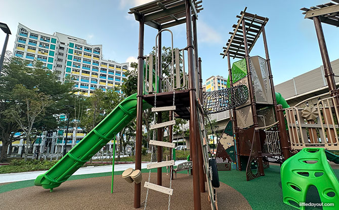 Tembusu Park: Playground With Sand Play & Flying Fox 2 three interconnected structures