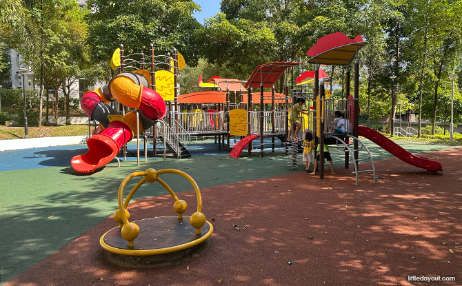 play structure consists of a raised platform and a maze of bridges