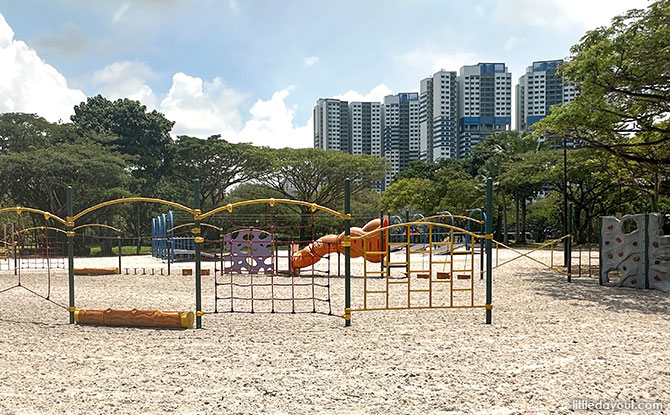 green, yellow, purple and orange obstacle course